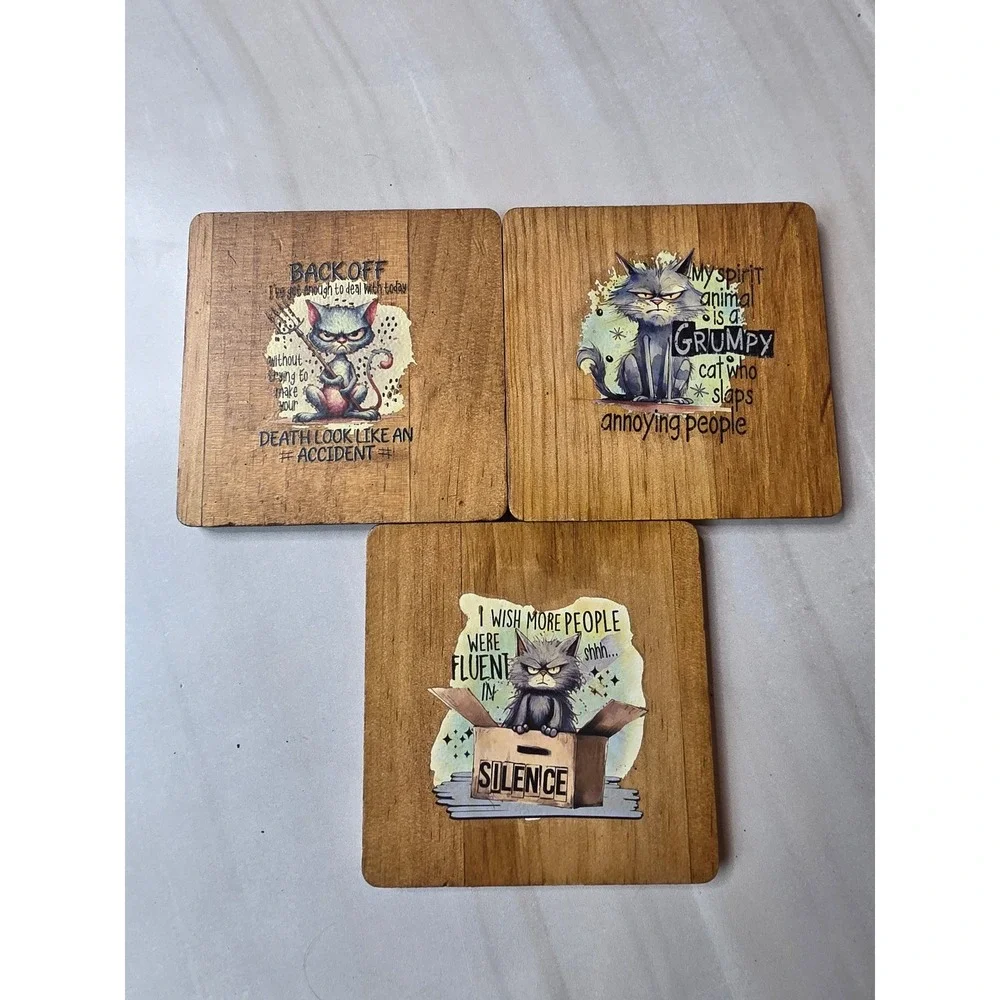 Grumpy Cat Wooden Coasters Set of 3 Snarky Humor Rustic Drink‎ Mats Brown F1